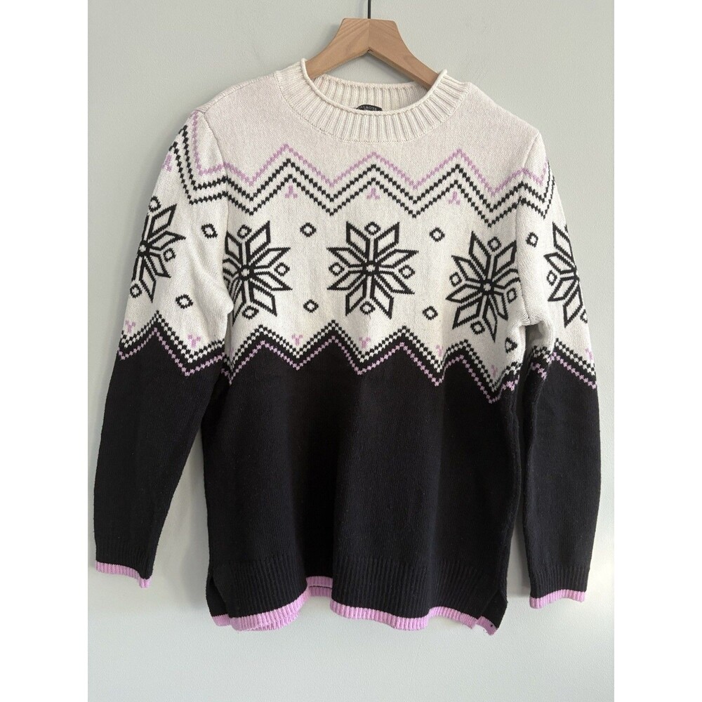 Talbots Sweater Black Pink Snowflakes Mock Neck Merino Wool Blend Petite Large